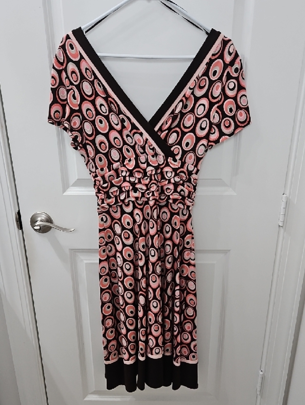 Sandra Darren Pink and Brown Geometric Wrap Midi Dress - Picture 3 of 4